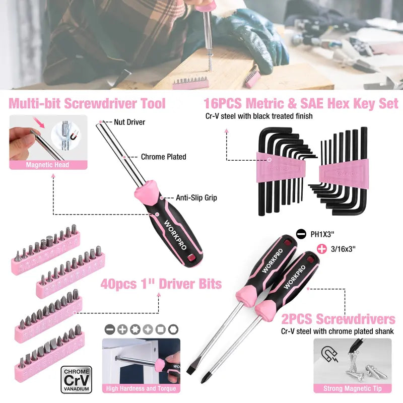 WORKPRO Complete Household Tool Set – 258 or 284 Pieces, Pink Ribbon Design