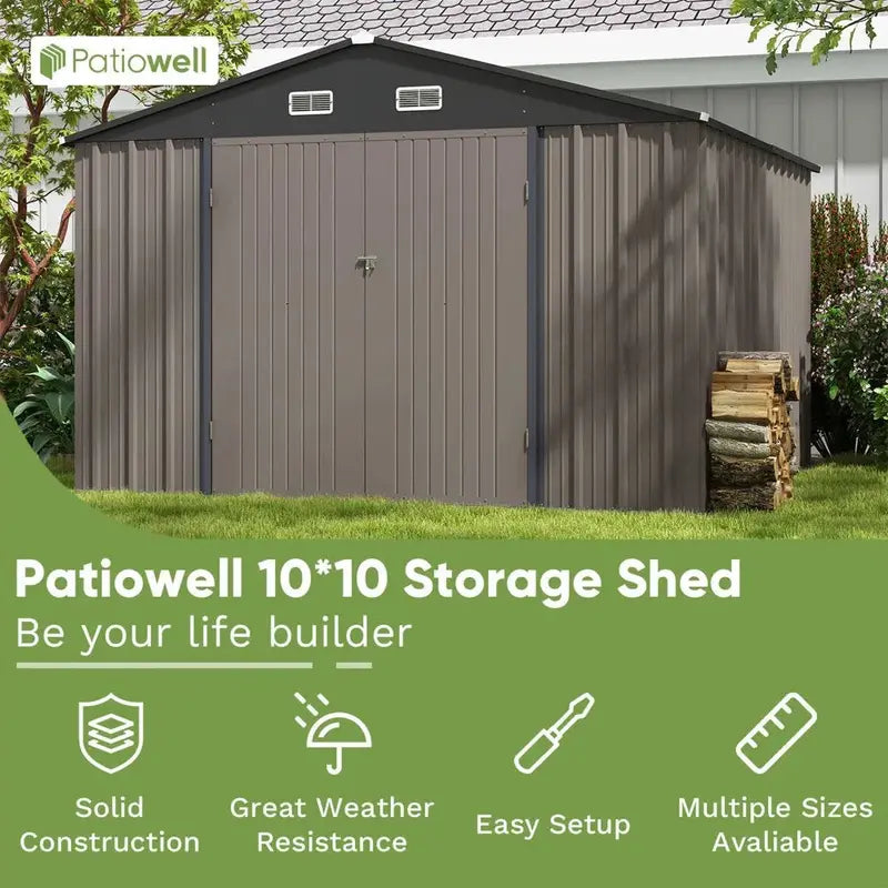 Patiowell 10′ x 10′ Heavy-Duty Metal Storage Shed – Sloped Roof Design with Dual Lockable Doors