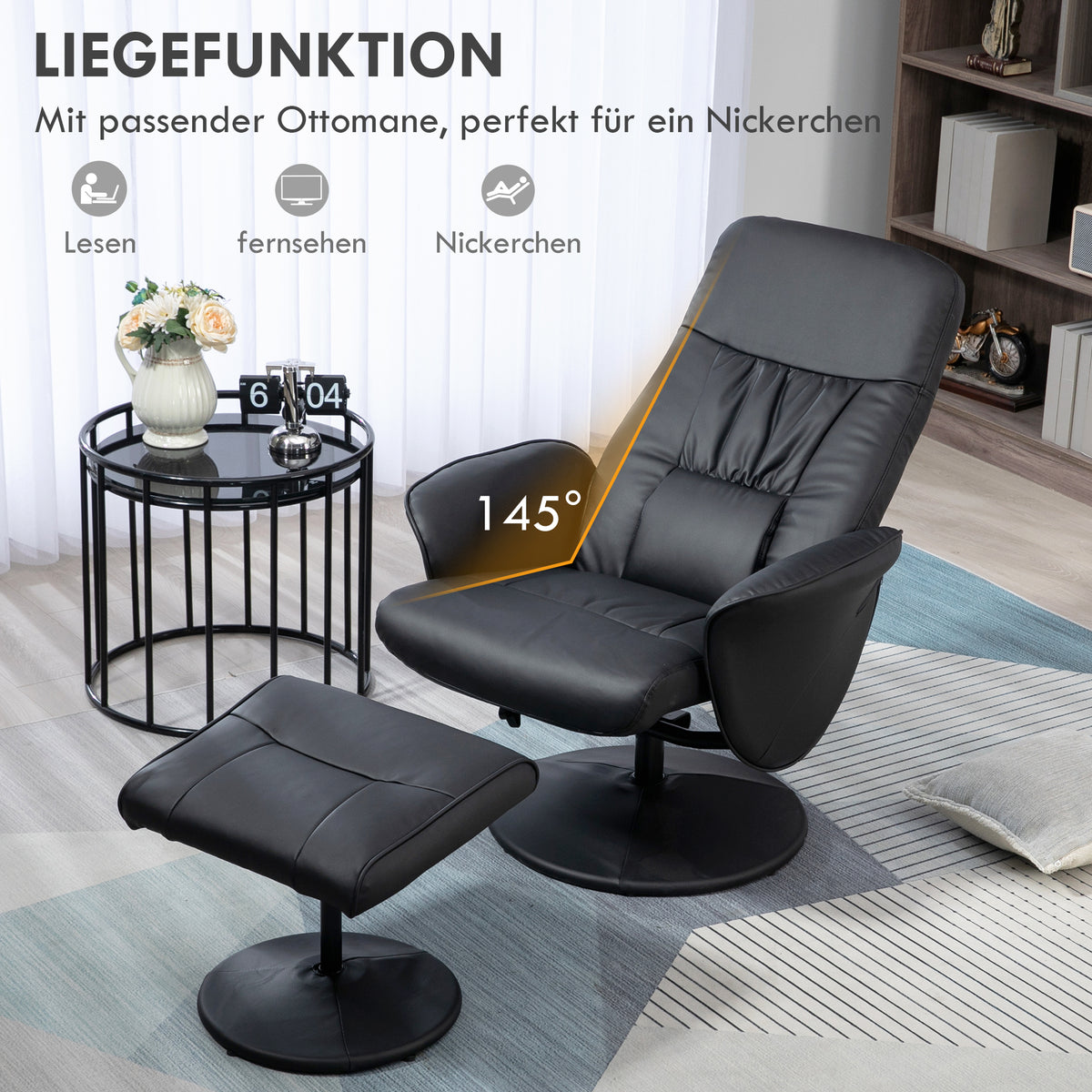 HOMCOM 2-teiliges Sessel-Set Sessel mit Fußhocker Relaxsessel mit Fußhocker, höhenverstellbar, neigbare Rückenlehne, Schwarz