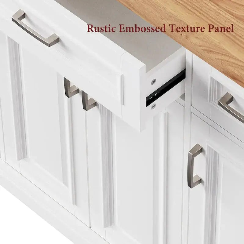 Rolling Kitchen Island Cart with Drop-Leaf Tabletop, Embossed Finish, Cabinet Doors, and Drawer Storage – White