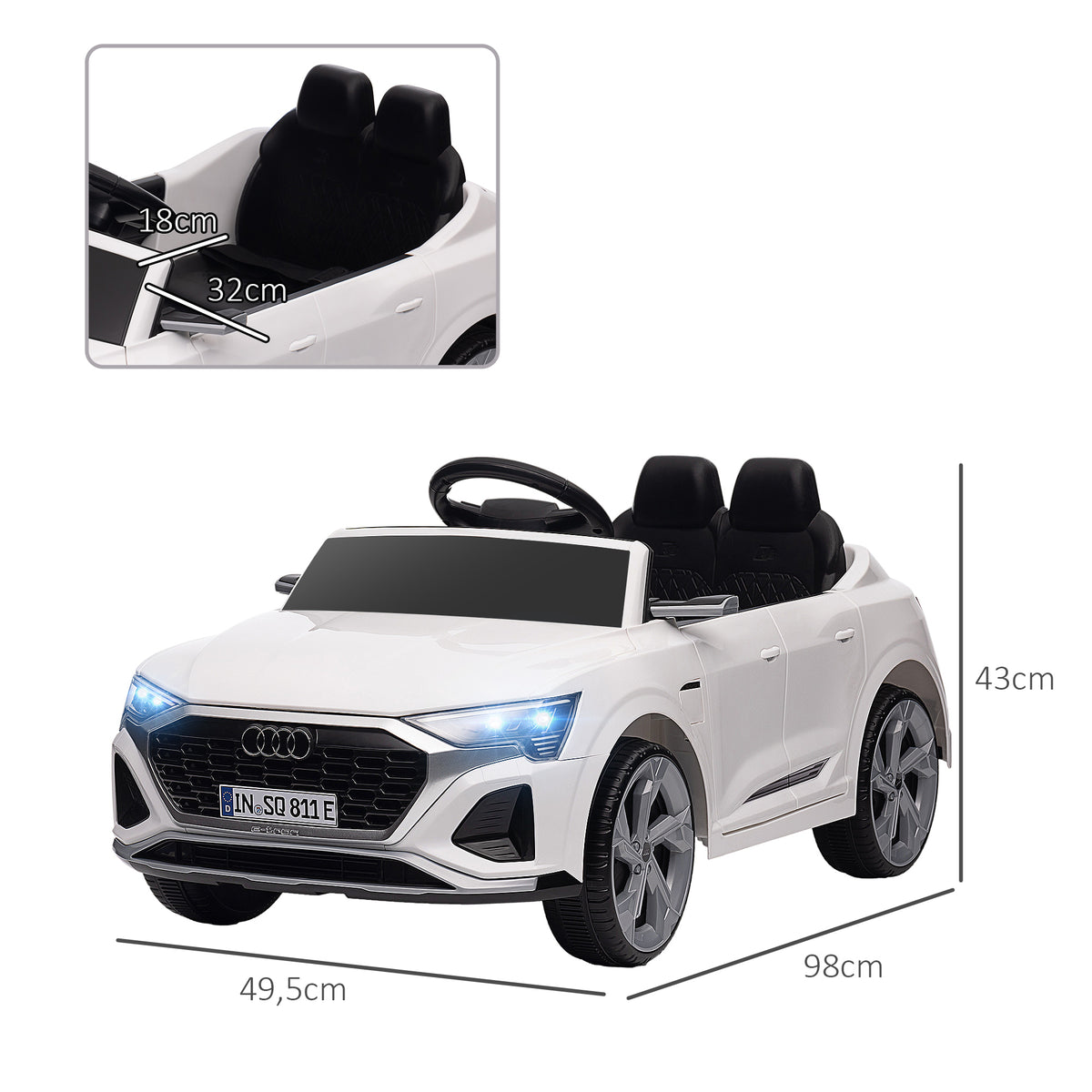 AIYAPLAY Elektro-Kinderauto, 12V Audi Q8, 3-5 km/h, Fernsteuerung, Scheinwerfer, Musik, Weiß
