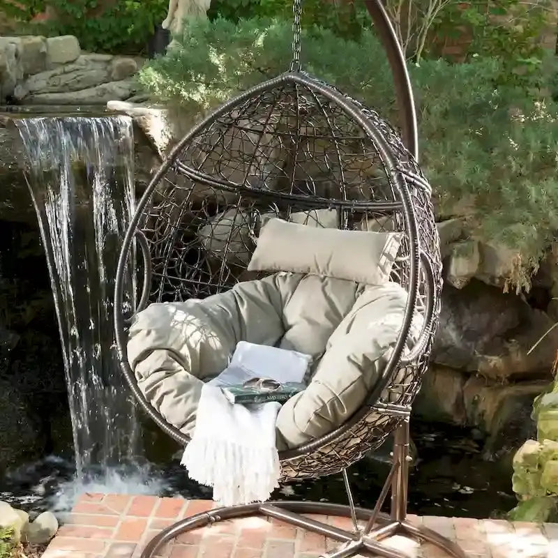 Waterproof Hanging Wicker Egg Chair – Outdoor Hammock Seat with Cushions, 300 lb Capacity