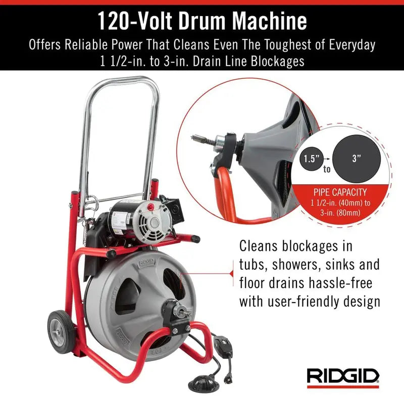 RIDGID K-400 Drain Cleaning Snake Auger 120-Volt Drum Machine with C-32IW 3/8 in. x 75 ft. Cable + 4-Piece Tool Set & Gloves 52363