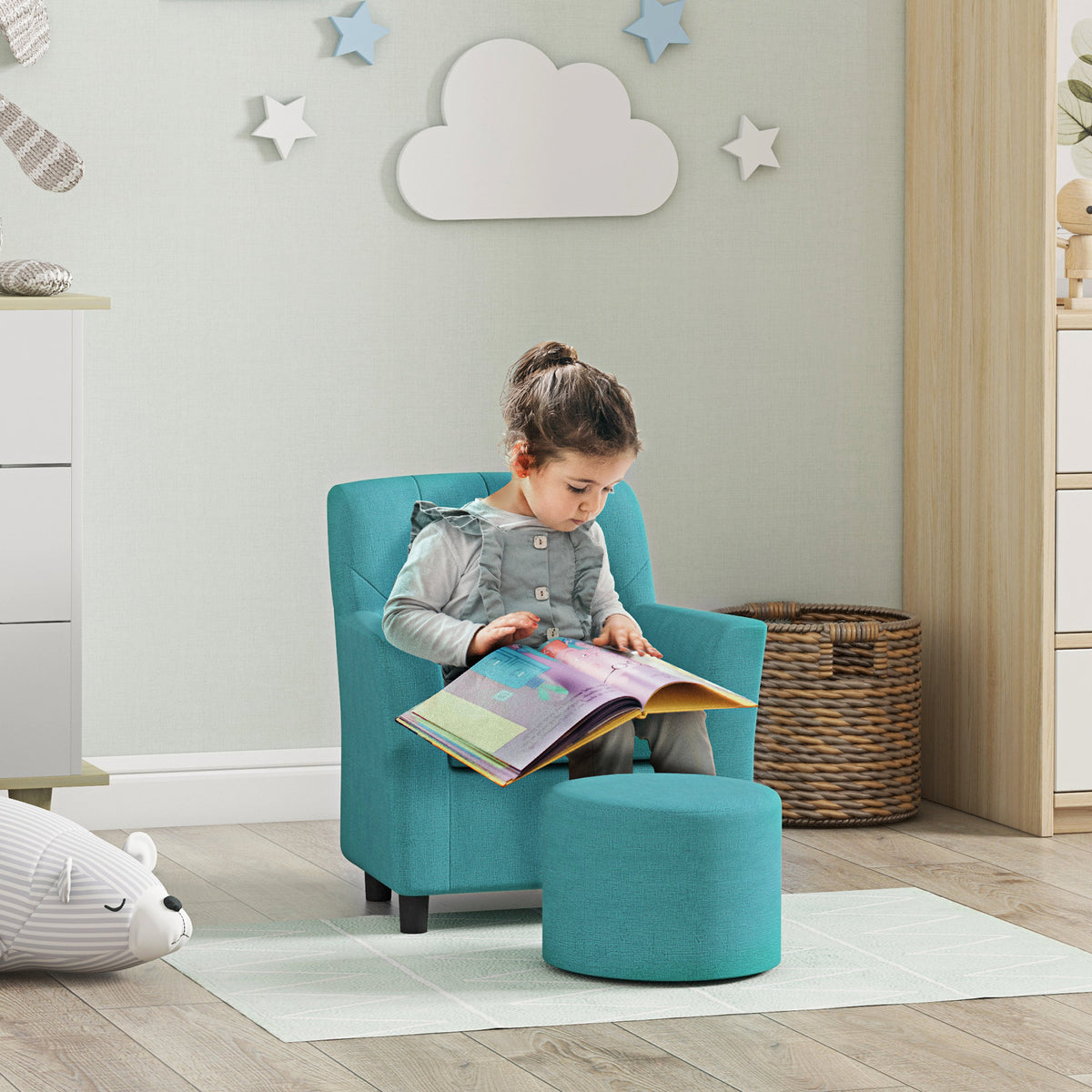 AIYAPLAY Kindersessel mit Hocker, Rückenlehne Diamantmuster, weiche Sitzfläche, Holzrahmen, Blau