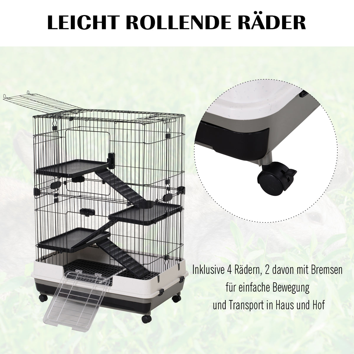 PawHut Kleintierkäfig mit 4 Räder Käfig 3 Öffnungen 2 Plattformen Metall Schwarz 81,2 cm x 52,7 cm x 110 cm