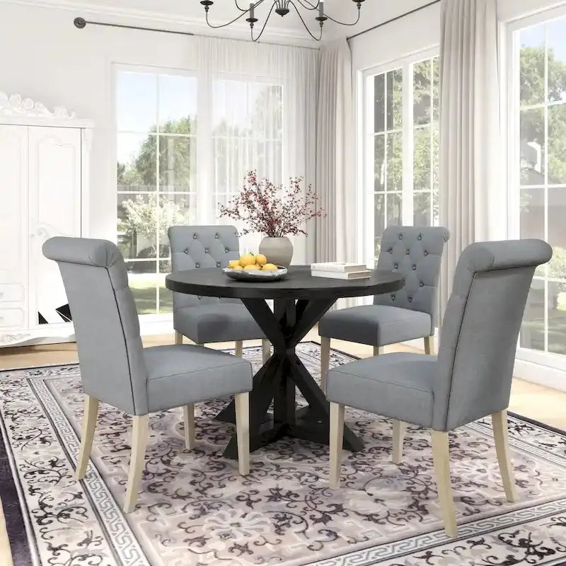 Rustic Wooden 5-Piece Dining Set – Round Cross-Buck Pedestal Table with 4 Tufted Upholstered Chairs