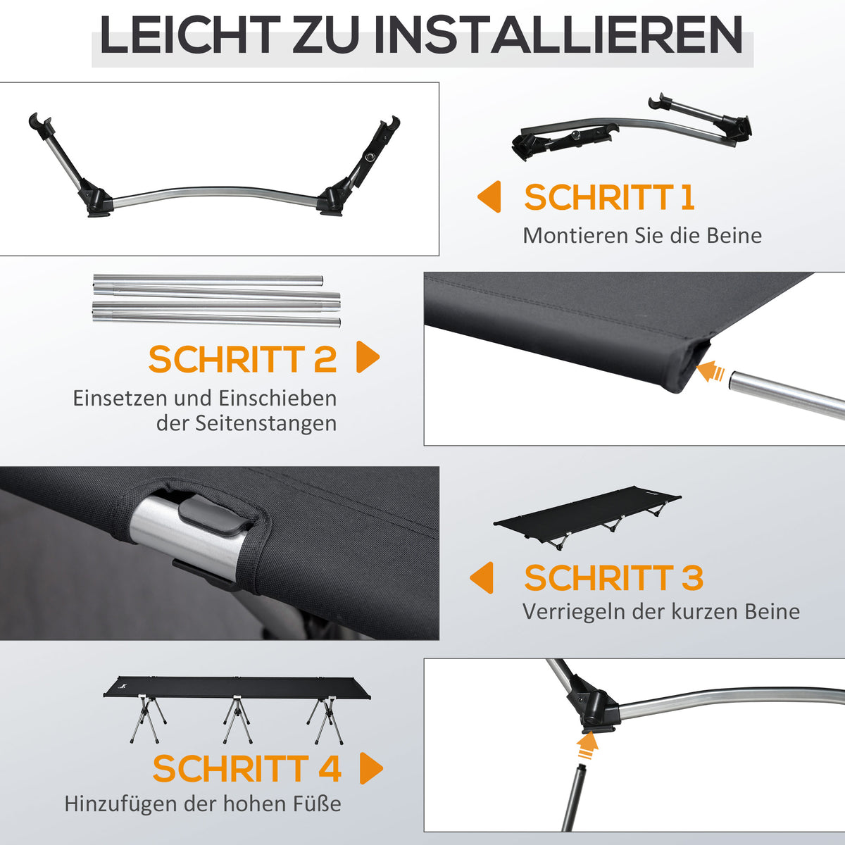 Outsunny Campingbett Klappbar Aluminium Feldbett Klappbett mit Tragetasche höhenverstellbar bis 150 kg belastbar Oxford Schwarz 190 x 65 x 38 cm