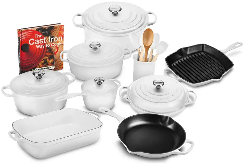 Premium 20-Piece Cast Iron Cookware Collection Including Skillet and Lidded Saucepan