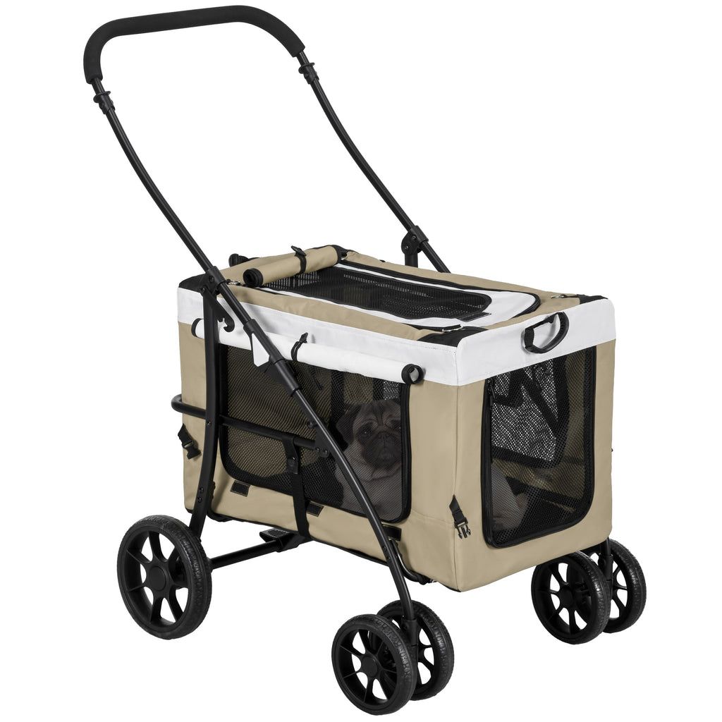 PawHut Hundbuggy Haustierbuggy Hundewagen, klappbar, abnehmbarer Korb, 81 x 58 x 97,5 cm, Schwarz+Khaki+Weiß