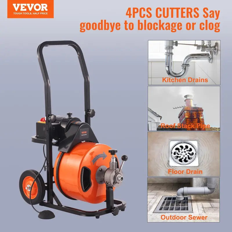 Vevor Drain Cleaner Machine 100FT x 1/2 Inch, Auto Feed Sewer Snake with 4 Cutters & Foot Switch, Orange/Black