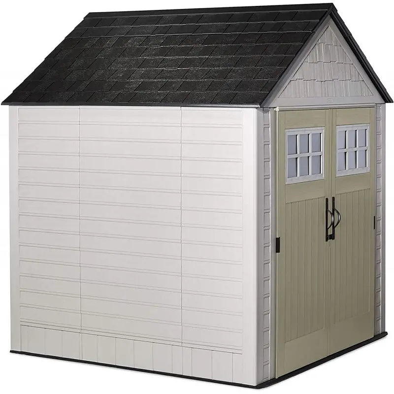 Rubbermaid 7 ft. x 7 ft. Sand-Colored Resin Garden Shed – Includes Windows and Utility Hooks