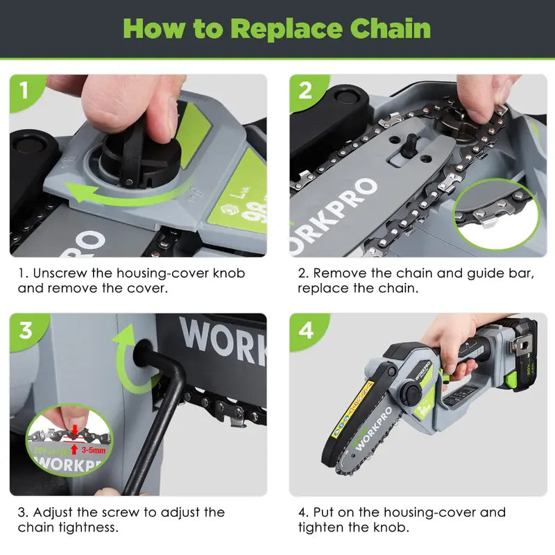 WORKPRO 20V Brushless Cordless Compact Chainsaw – Includes 4.0Ah Battery & Replacement Chain