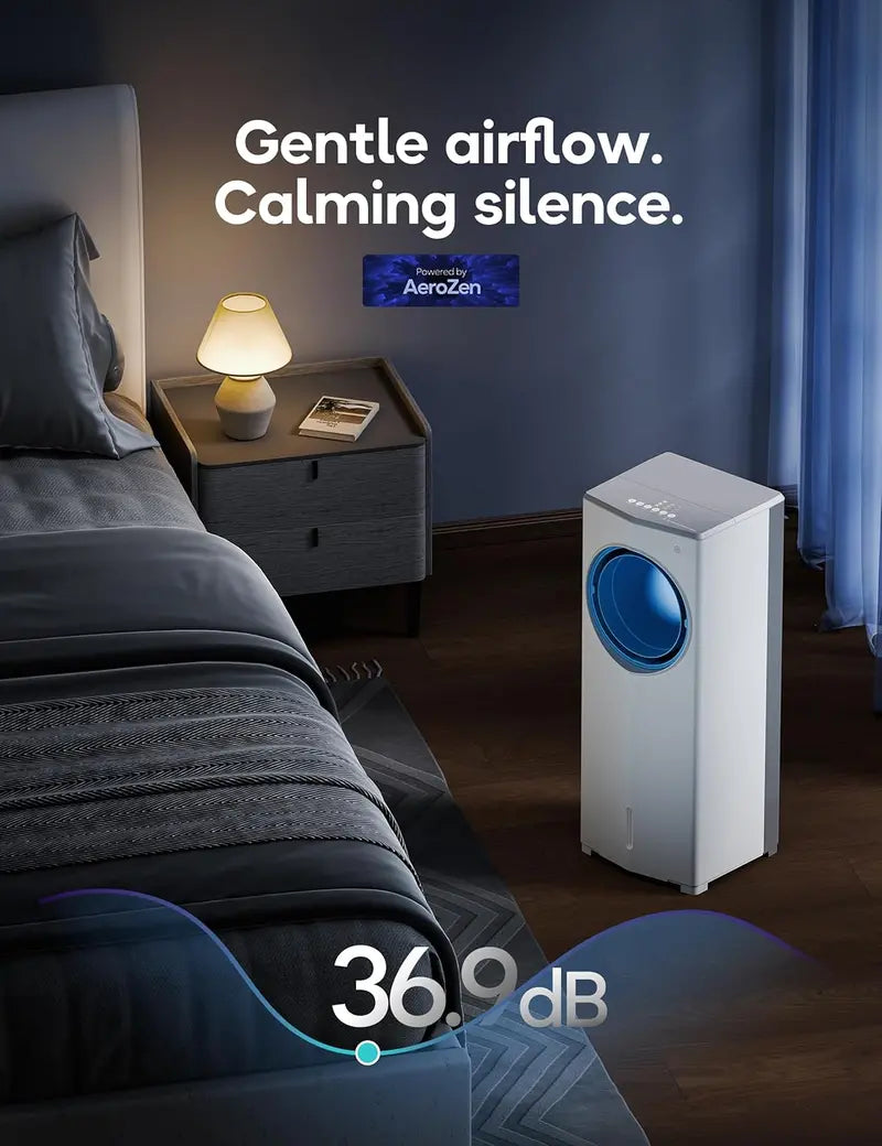 Windowless Evaporative Air Cooler – Compact 26.3″ Portable Unit with 3 Speeds, 4 Modes, 7-Hour Timer, Ice Packs & Remote for Bedroom Use