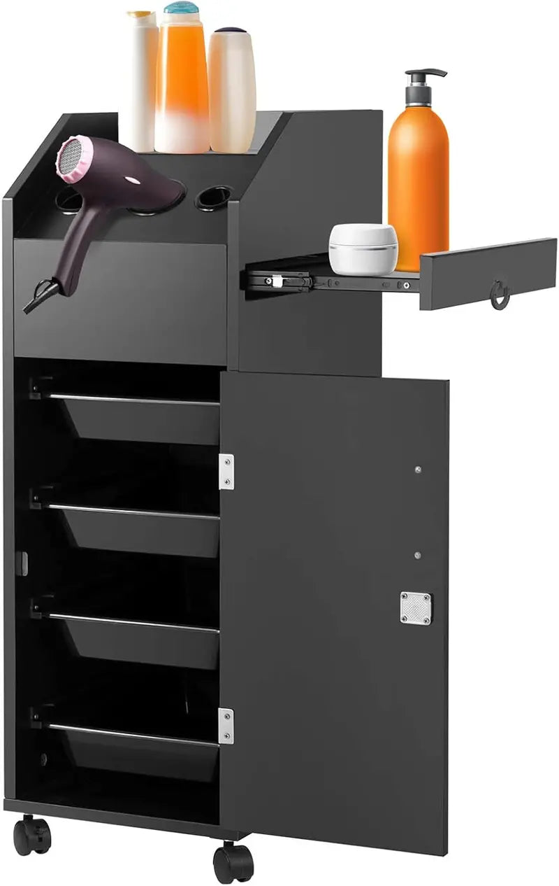 Rolling Black Salon Trolley with Lockable Drawers, Hair Dryer Holders & Side Tray – Heavy-Duty Barber & Beauty Station Cart