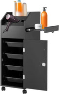 Rolling Black Salon Trolley with Lockable Drawers, Hair Dryer Holders & Side Tray – Heavy-Duty Barber & Beauty Station Cart