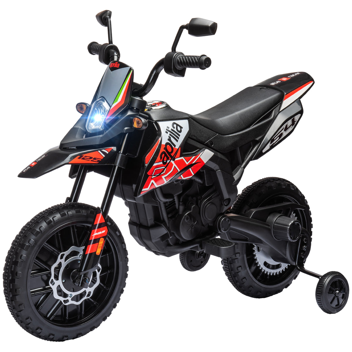 AIYAPLAY Kinder Elektro Motorrad unter Lizenz von Aprilia mit 2 12V Motoren, abnehmbare Trainingsräder, LED Licht, Musik - Rot