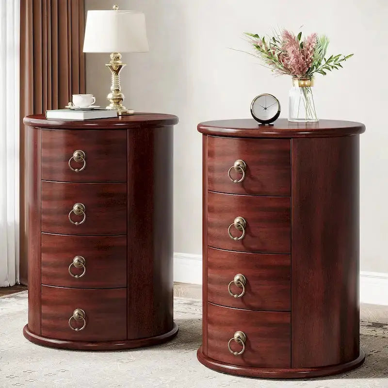 No-Assembly Vintage End Table – Solid Wood Round Side Table with Drawers