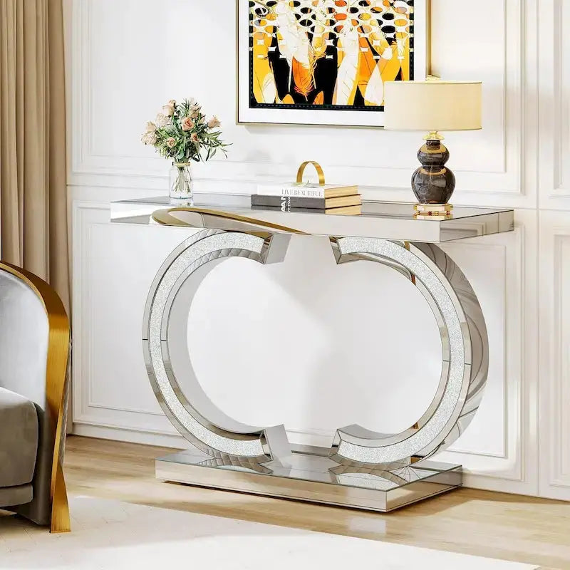 Silver Mirror-Fronted Console Table – 39-Inch Entryway or Hallway Accent Piece