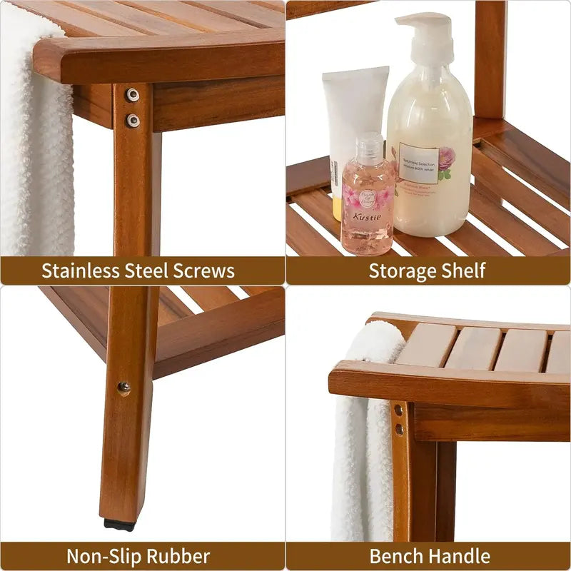 Utoplike Teak Shower Bench Seat with Handles, Non-Slip Rubber Feet, 22″x13″x18.6″ for Indoor/Outdoor Use
