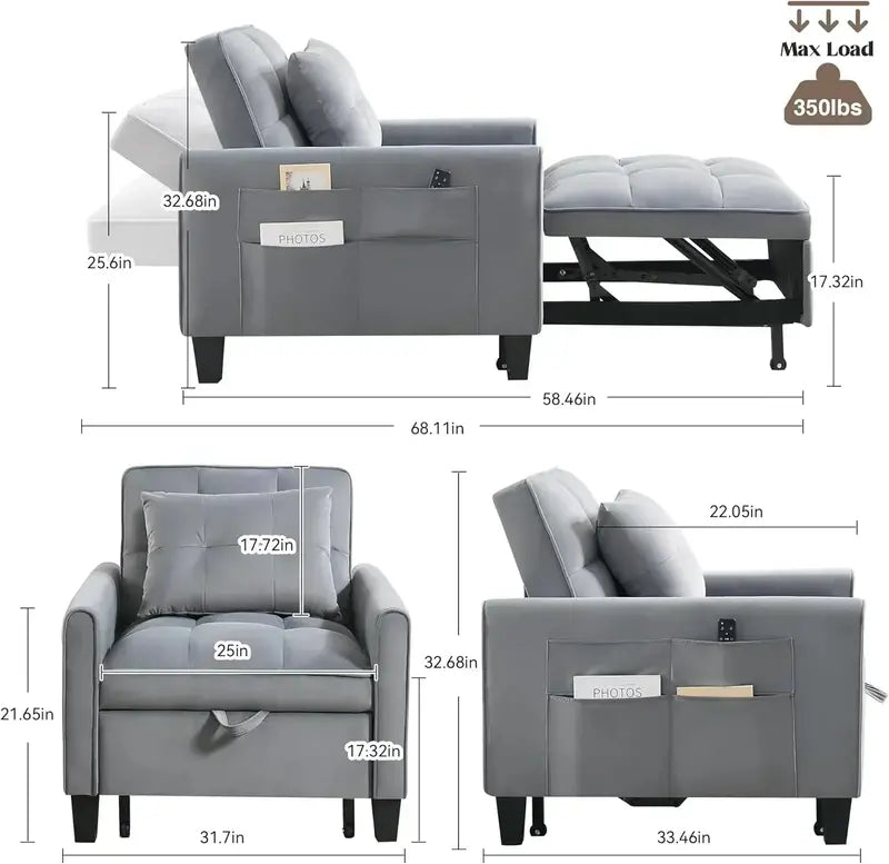 Velvet 3-in-1 Sleeper Chair – Compact Pull-Out Sofa Bed with Luxe Upholstery