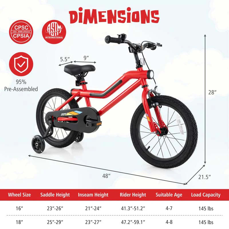 16/18 Inch LED Lighted Kids Bike with Training Wheels, Headlight, Adjustable Seat & Dual Brakes, Children Bicycle for Ages 4-8 Years