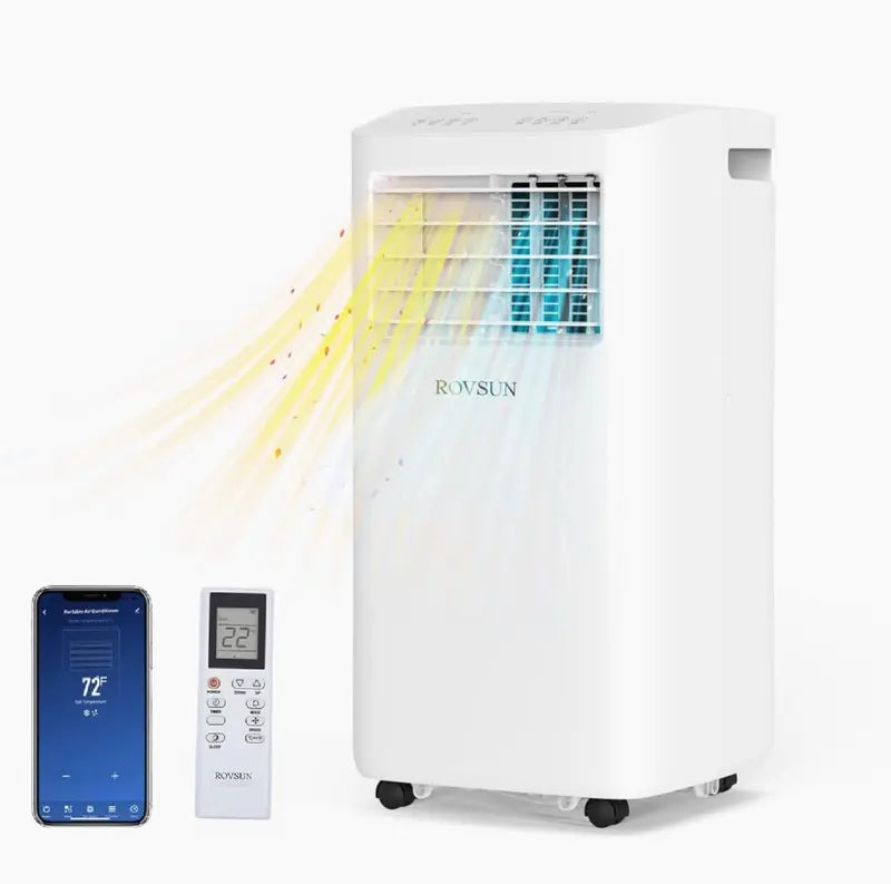 ROVSUN Smart 8000 BTU Portable AC: WiFi-Enabled 3-in-1 Unit with Dehumidifier, Fan & Cooler Functions + Rolling Wheels & Quick Setup