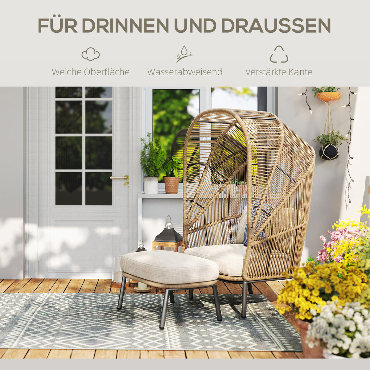 HOMCOM Teppich für drinnen und draußen, Boho-Design, leicht zu reinigen, Grau