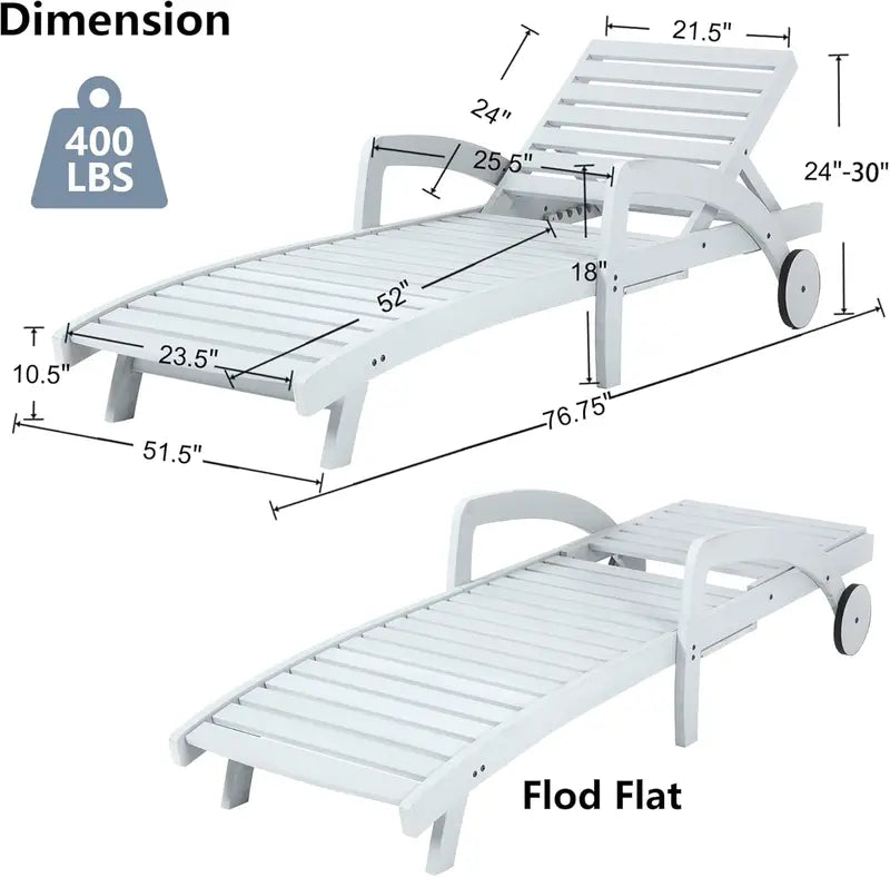 Set of 4 Wooden Poolside Chaise Lounges – 5-Position Adjustable Recliners with Pull-Out Side Tables, Patio or Deck Ready
