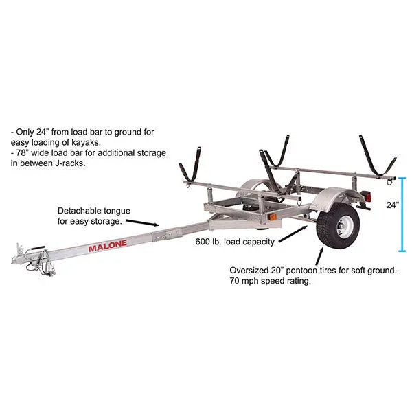 Malone LowMax 2 Galvanized Kayak Trailer – 600 lb Capacity, J/V Rack System, LED Lighting, Made in USA