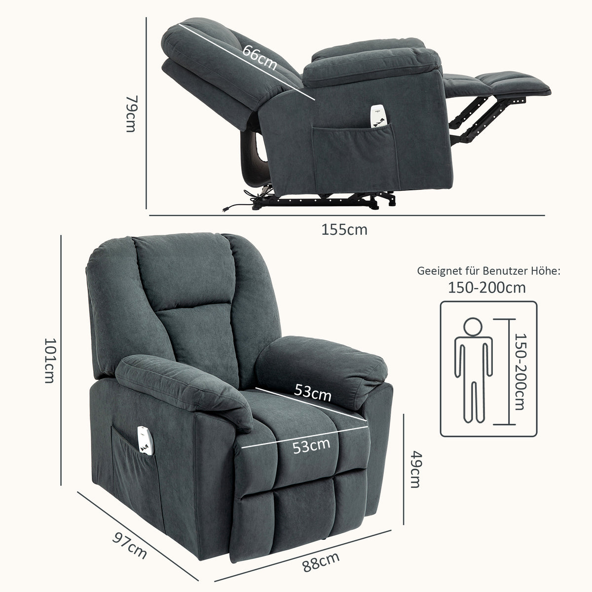 HOMCOM Elektrischer Relaxsessel mit Massage- und Wärme-Funktionen, Polstersessel mit USB-Anschluss, Seitentaschen, Grau