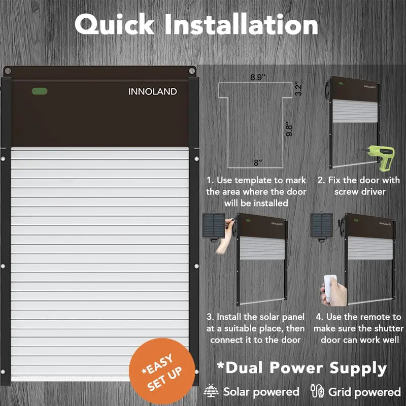INNOLAND Automatic Chicken Coop Door Solar Powered, Aluminum Frame with Light-Weight AES Roller Shutter, Light Sensor, Daily Programmable Timer, Remote Control