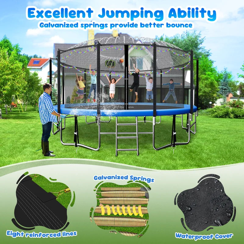 16FT Trampoline for 8 - 9 Kids Adults with Basketball Hoop, Enclosure, Light, Sprinkler, Socks, 2000 lb Outdoor Round Heavy Duty Recreational Backyard Trampoline