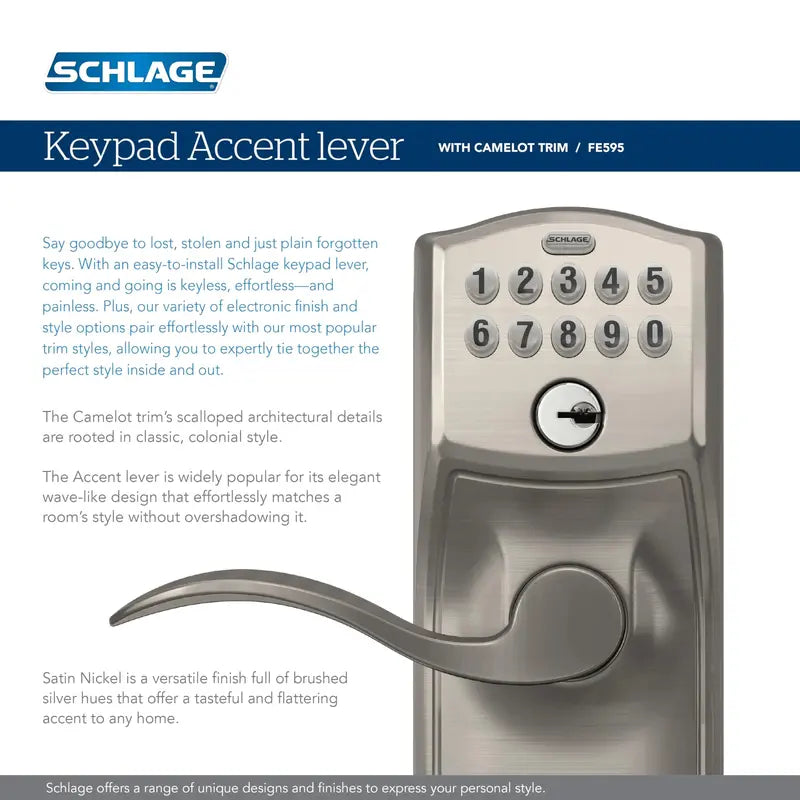 Schlage Camelot Keypad Deadbolt Lock – Keyless Entry, Flex Lock, Illuminated Keypad, Battery Operated