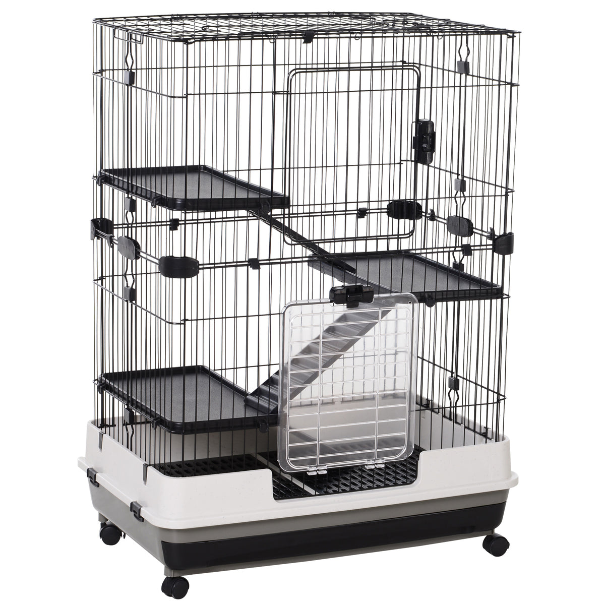 PawHut Kleintierkäfig mit 4 Räder Käfig 3 Öffnungen 2 Plattformen Metall Schwarz 81,2 cm x 52,7 cm x 110 cm