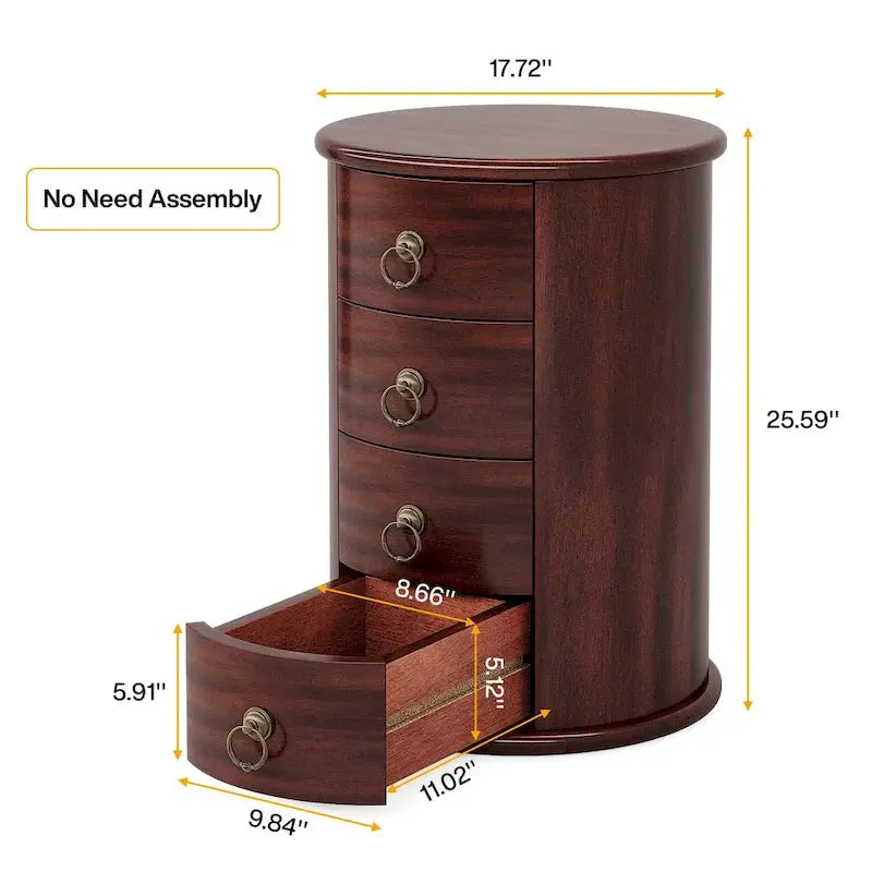No-Assembly Vintage End Table – Solid Wood Round Side Table with Drawers