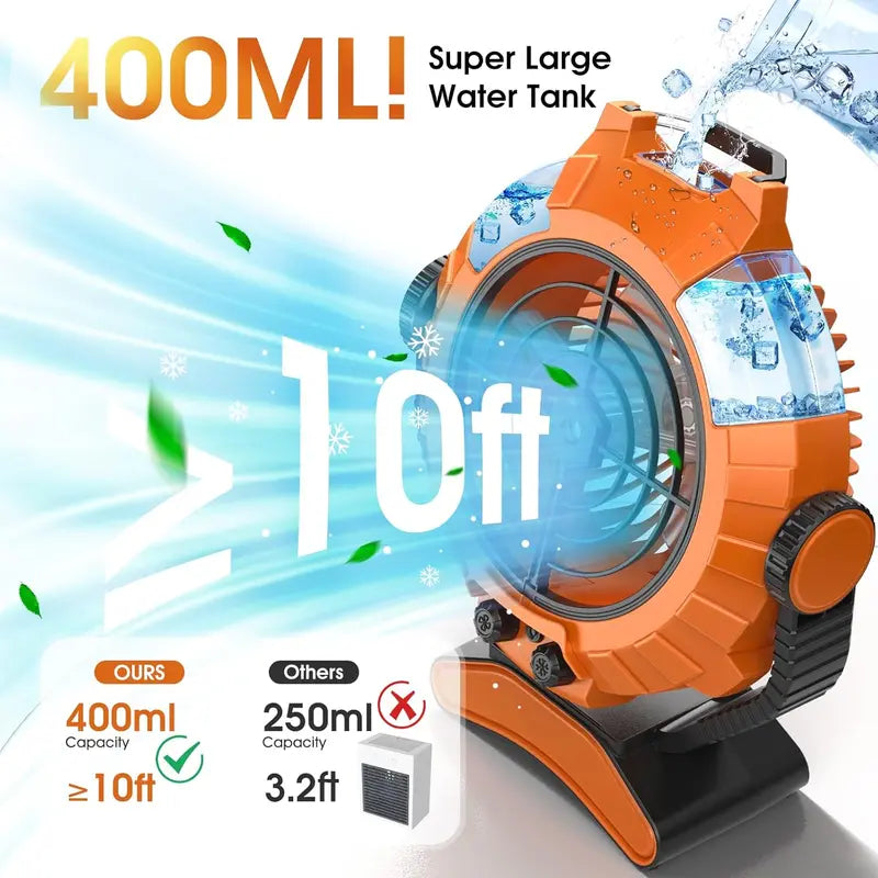 JYew Portable Misting Fan – Rechargeable 10,000mAh Battery-Powered Cooling Fan with Hook Mount & USB Charging for Outdoor Use