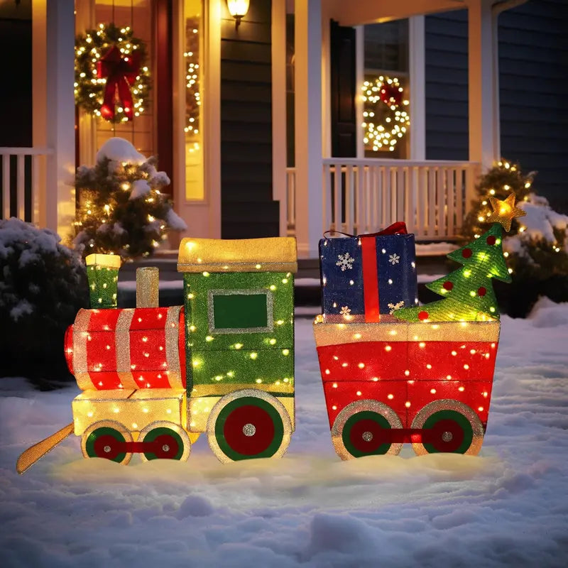 VEIKOU 5FT Outdoor Christmas Train Set with 170 LED Lights, Alloy Steel Frame, Festive Yard Decoration