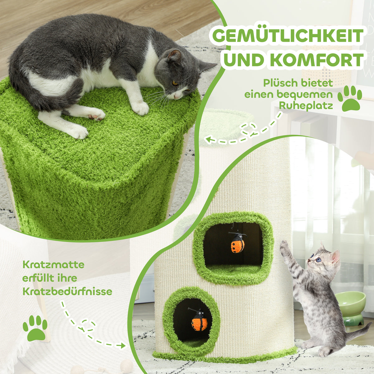 PawHut Kratzturm, 76 cm, Katzenhöhlen mit Plüsch, Kratzfläche, Spielzeug, Grün/Cremeweiß
