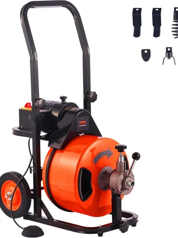 Vevor Drain Cleaner Machine 100FT x 1/2 Inch, Auto Feed Sewer Snake with 4 Cutters & Foot Switch, Orange/Black
