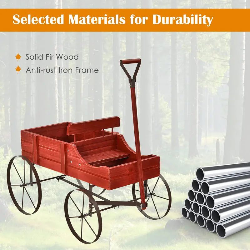 Wooden Wheeled Wagon Planter – Decorative Rolling Garden Planter for Patios and Landscapes