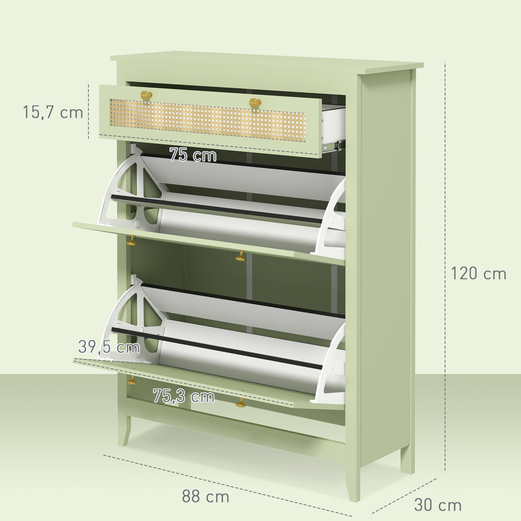 HOMCOM Schuhschrank für 12 Paar Schuhe, mit 1 ausziehbaren Schublade, 2 Flip-Schubladen, Schuhkommode, 88 x 30 x 120 cm, Grün