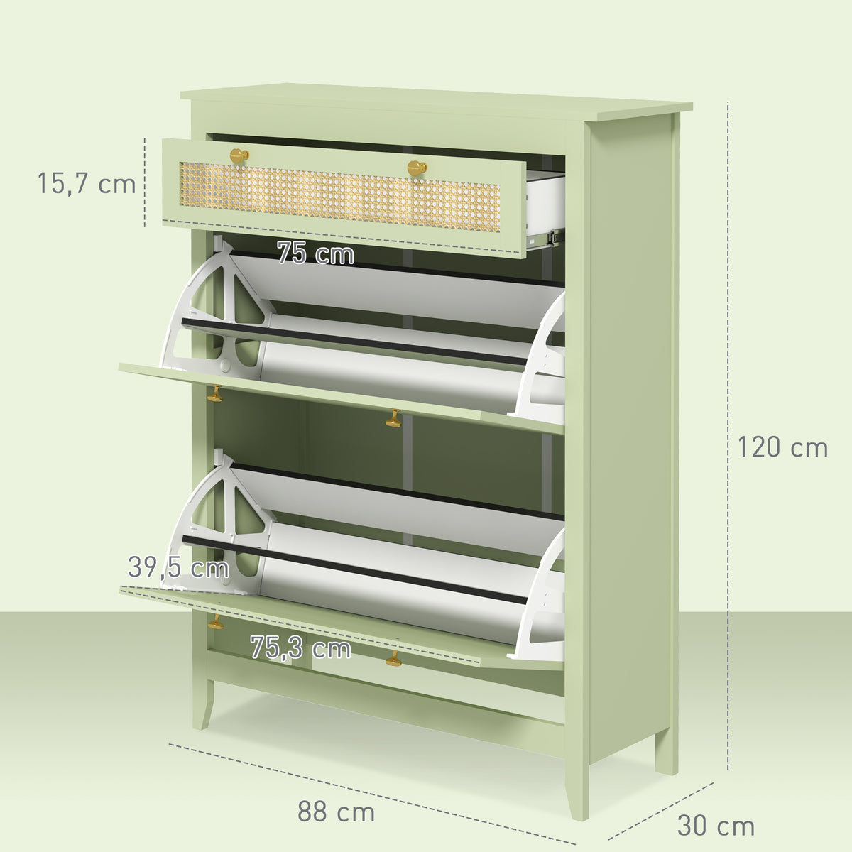 HOMCOM Schuhschrank für 12 Paar Schuhe, mit 1 ausziehbaren Schublade, 2 Flip-Schubladen, Schuhkommode, 88 x 30 x 120 cm, Grün