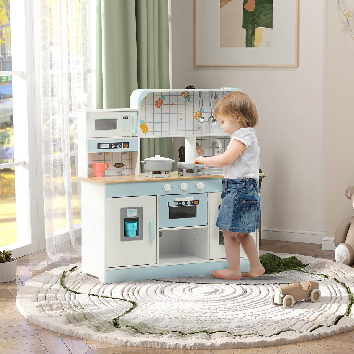 AIYAPLAY Spielküchen-Set, Kinderküche mit Effekten, Kaffeemaschine, Ofen, viel Stauraum, MDF, Edelstahl, für Kinder ab 3 Jahren
