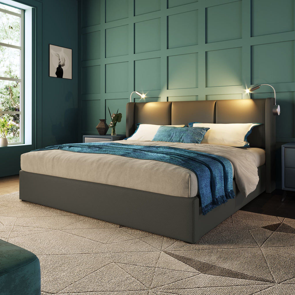 Bettgestell 140x200 – Doppelbett mit Stauraum, LED-Lampe und USB-Anschluss fürs Wohnzimmer, robust, gepolstertes Kopfteil, grau