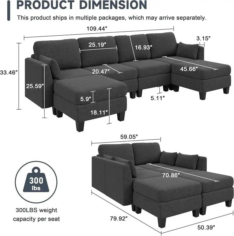 Modular U-Shaped Sectional Sofa — Convertible Design with High-Density Memory Foam Cushions