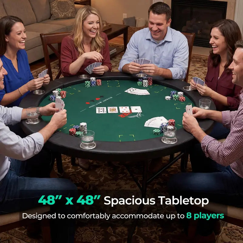 Round 48-Inch Texas Hold'em Casino Table for Leisure Play – 8-Player Setup, Metal Frame