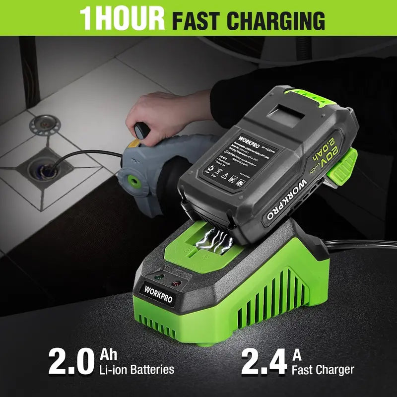 WORKPRO 20V Cordless Electric Drain Auger – 25-Foot Plumbing Snake with 2.0Ah Battery & Charger