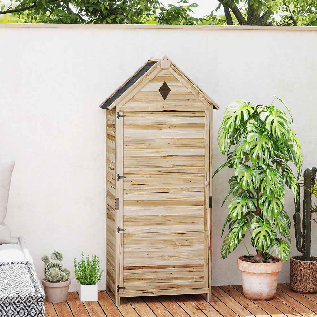 Outsunny Gartenschuppen mit 4 Regalen, Lagerschuppen aus Holz, wasserdichtes Asphalt-Dach, 80 x 49 x 170 cm, Hellbraun