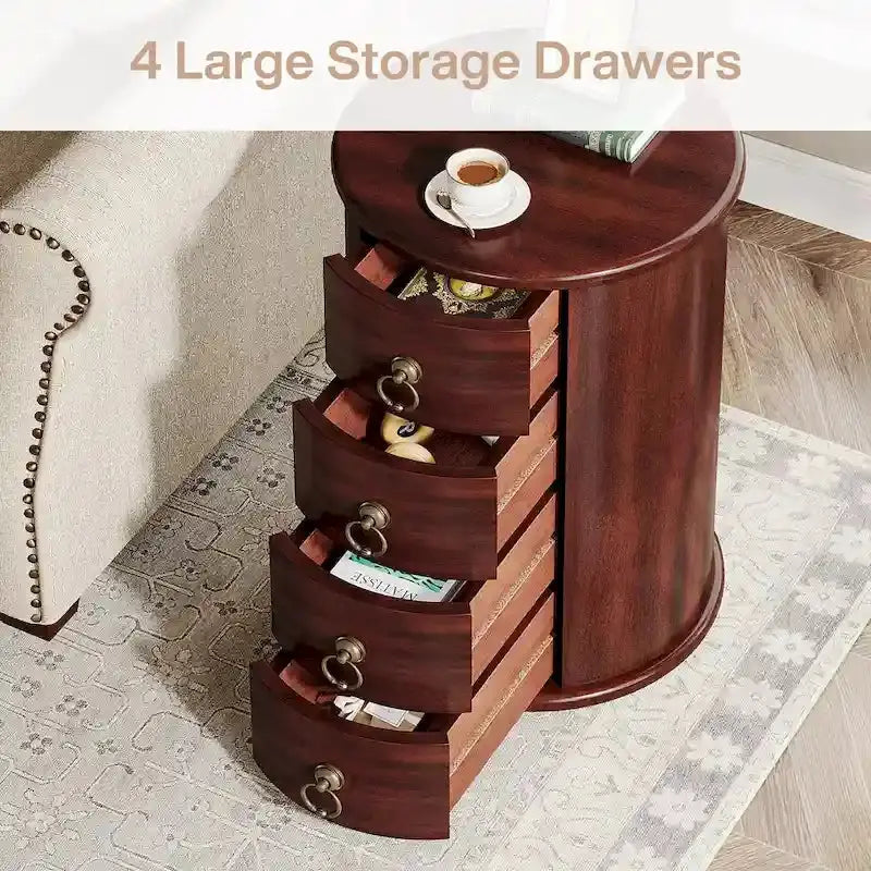 No-Assembly Vintage End Table – Solid Wood Round Side Table with Drawers