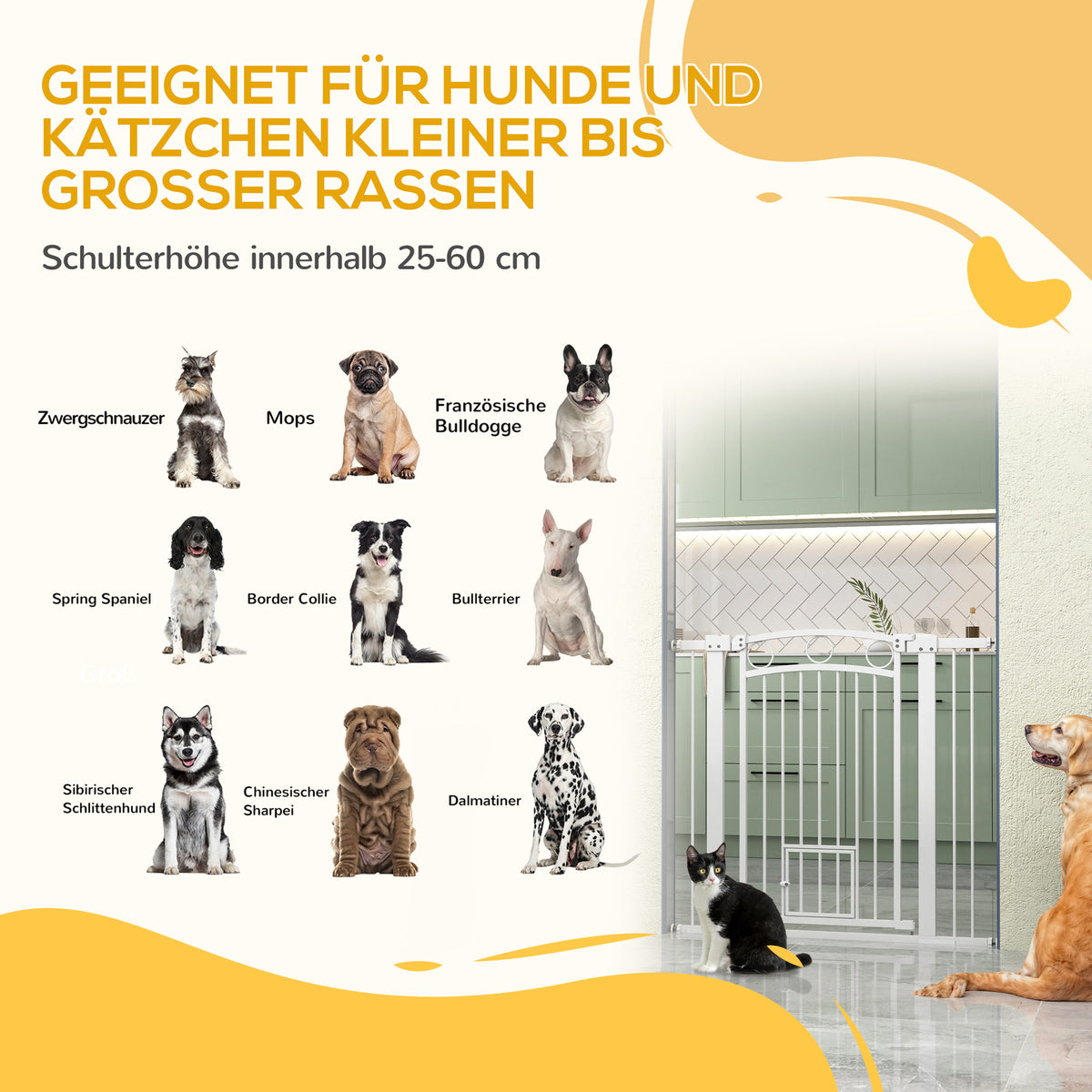 PawHut Haustiertor, 96 cm Treppengatter, verstellbare Breite 76-104 cm, mit Katzentür, für Treppen und Türöffnungen, Weiß
